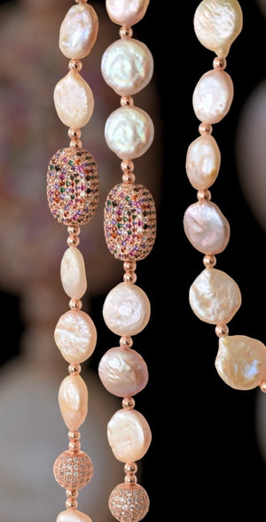 Serena pink coin pearl necklace with rose gold multicolored gemstones