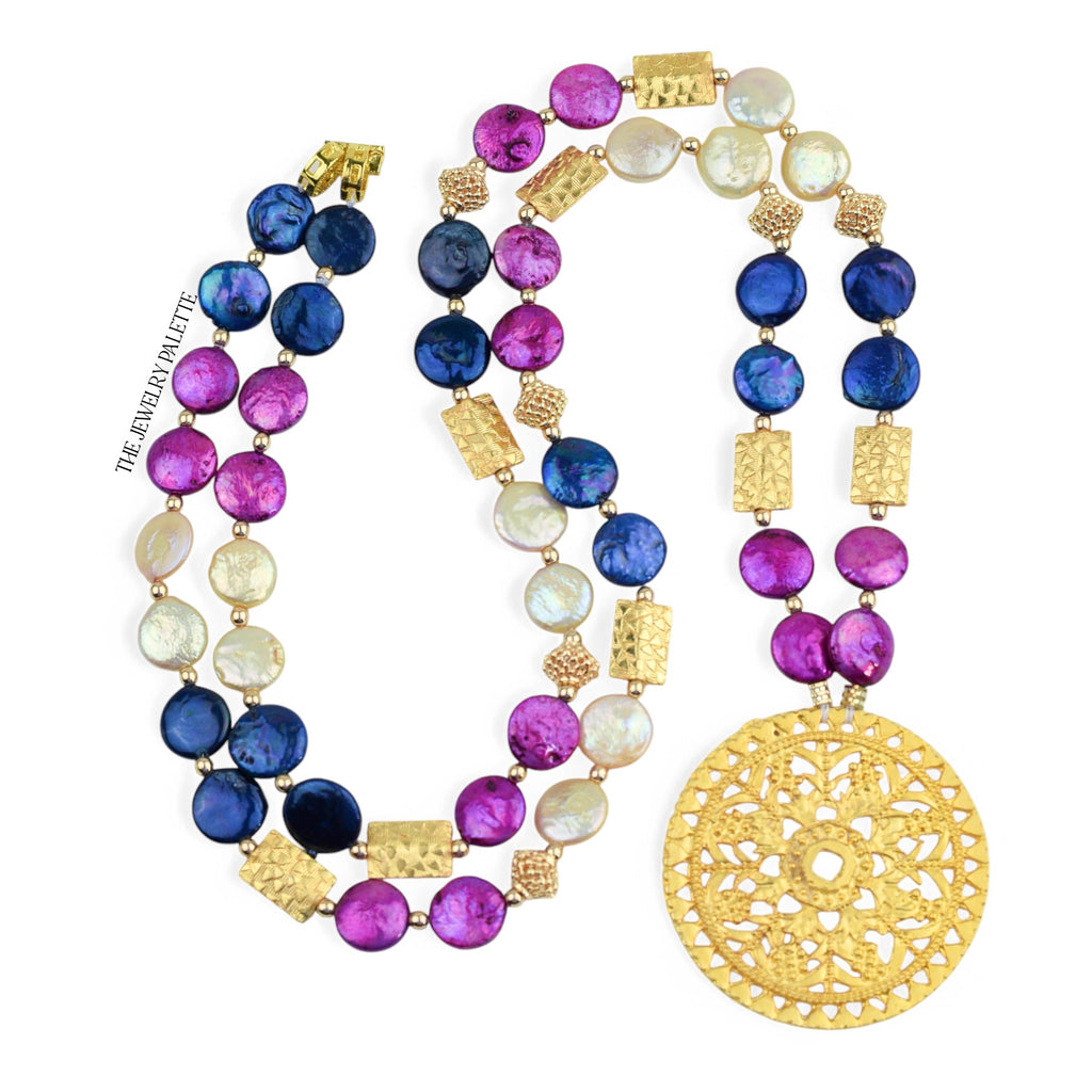 Genieva multicolor coin pearls necklace with gold pendant