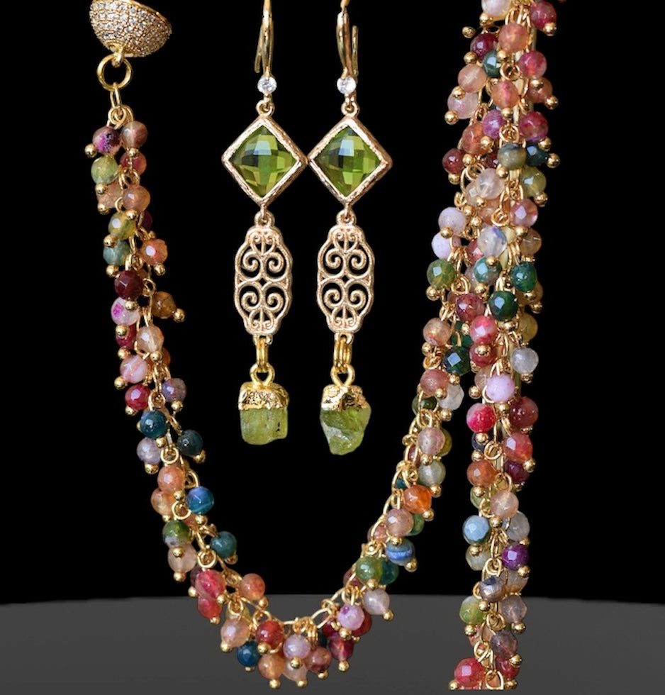 Farah peridot, filigree and light green crystal earrings