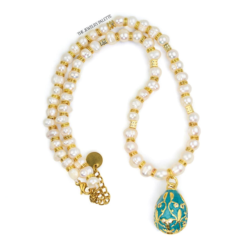 Tina white pearl and teal pendant choker necklace - The Jewelry Palette