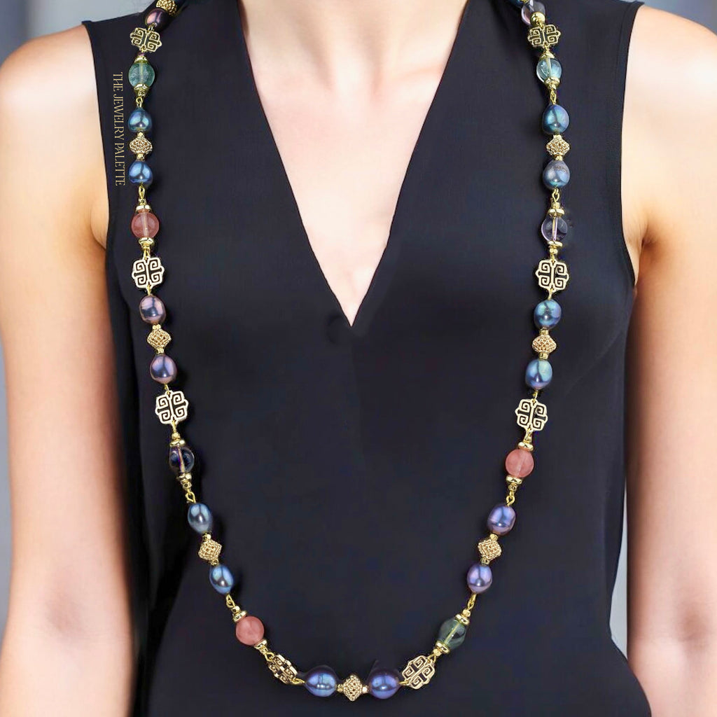 Madison luxe necklace with grey pearls and gemstones