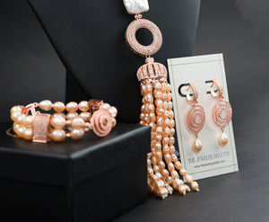 Juliette shimmering rose gold earrings with pink pearl drops