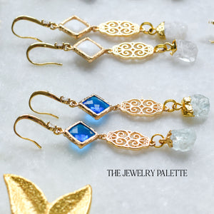 Farah aquamarine, filigree and light blue crystal earrings - The Jewelry Palette
