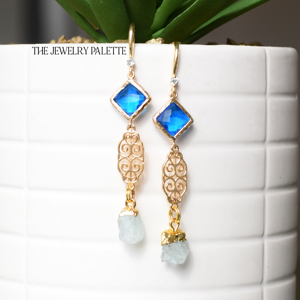 Farah aquamarine, filigree and bright blue crystal earrings - The Jewelry Palette