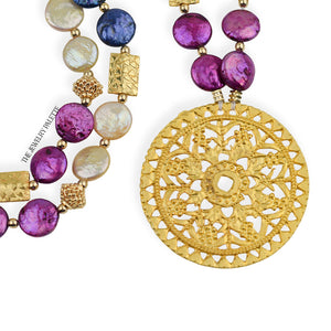 Genieva multicolor coin pearls necklace with gold pendant