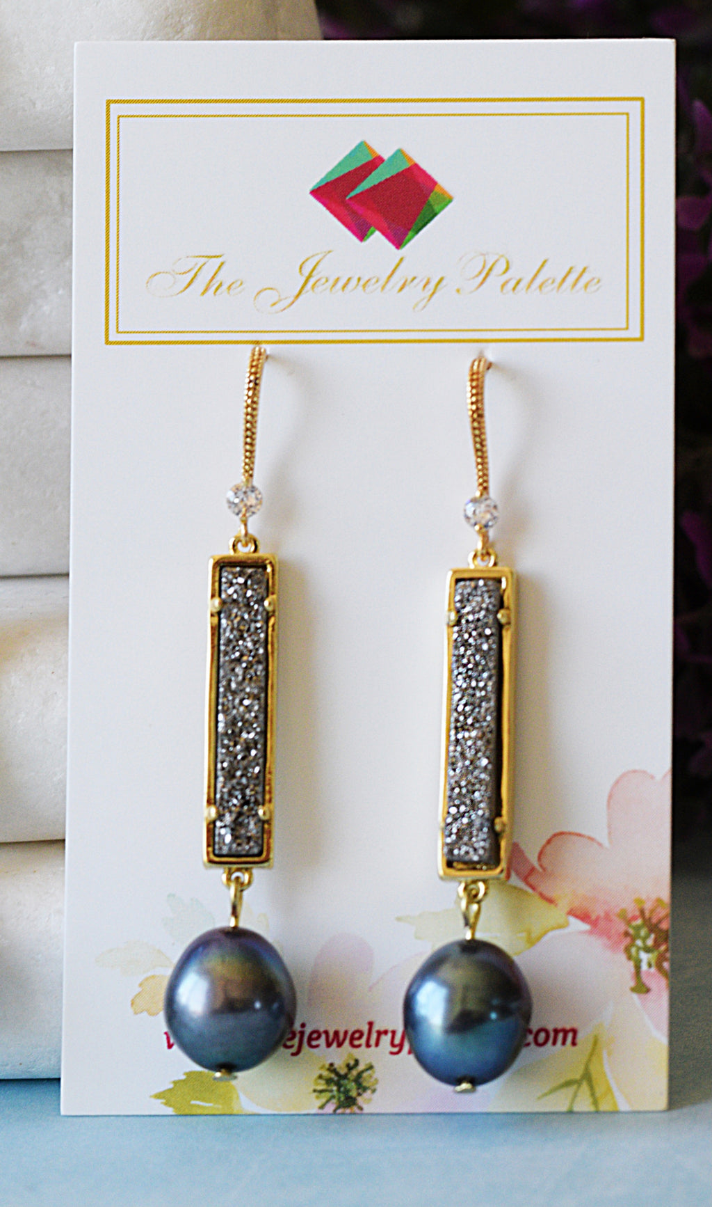 Stella druzy and pearl earrings (grey and white)