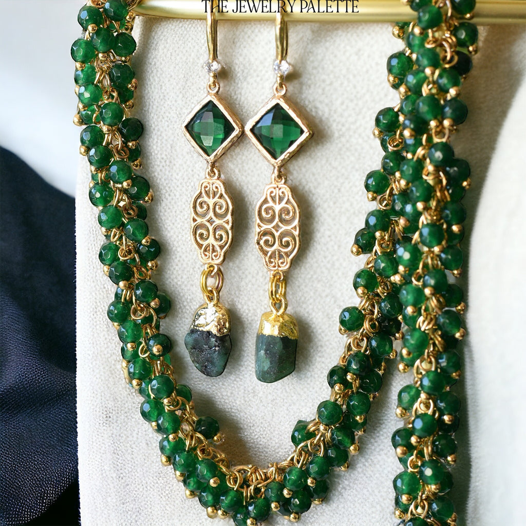 Farah emerald, filigree and dark green crystal earrings