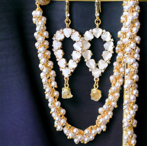 Yara white stones with gold edged moonstone drop earrings