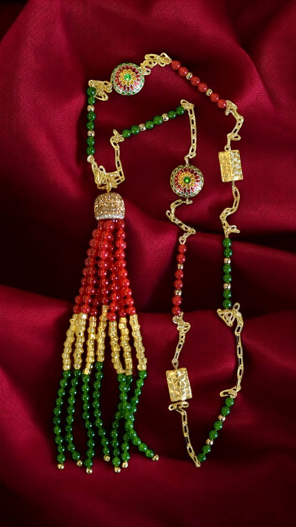 Talia green and red jade gold chain necklace with tassel