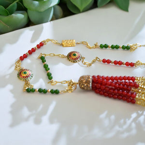 Talia green and red jade gold chain necklace with tassel