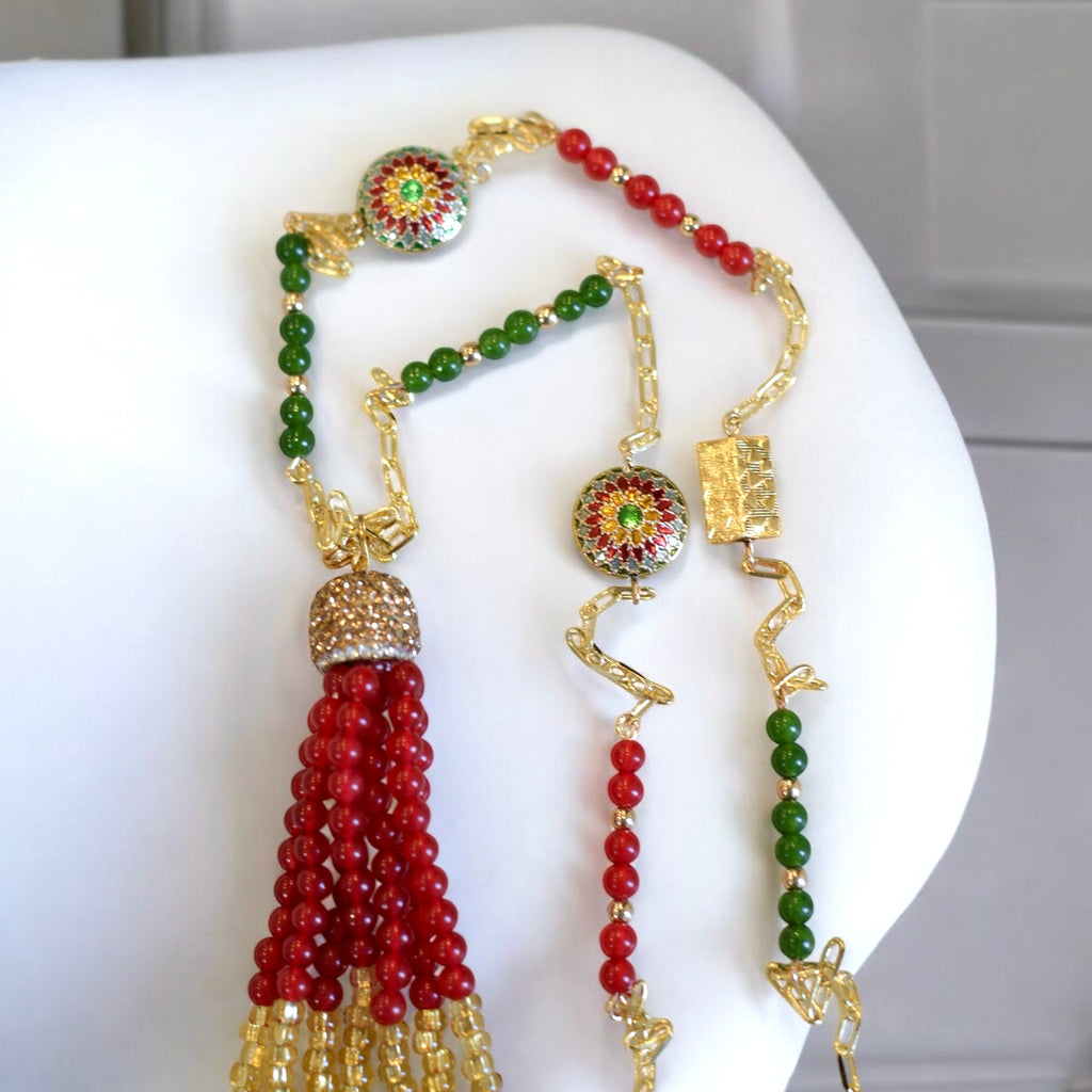 Talia green and red jade gold chain necklace with tassel