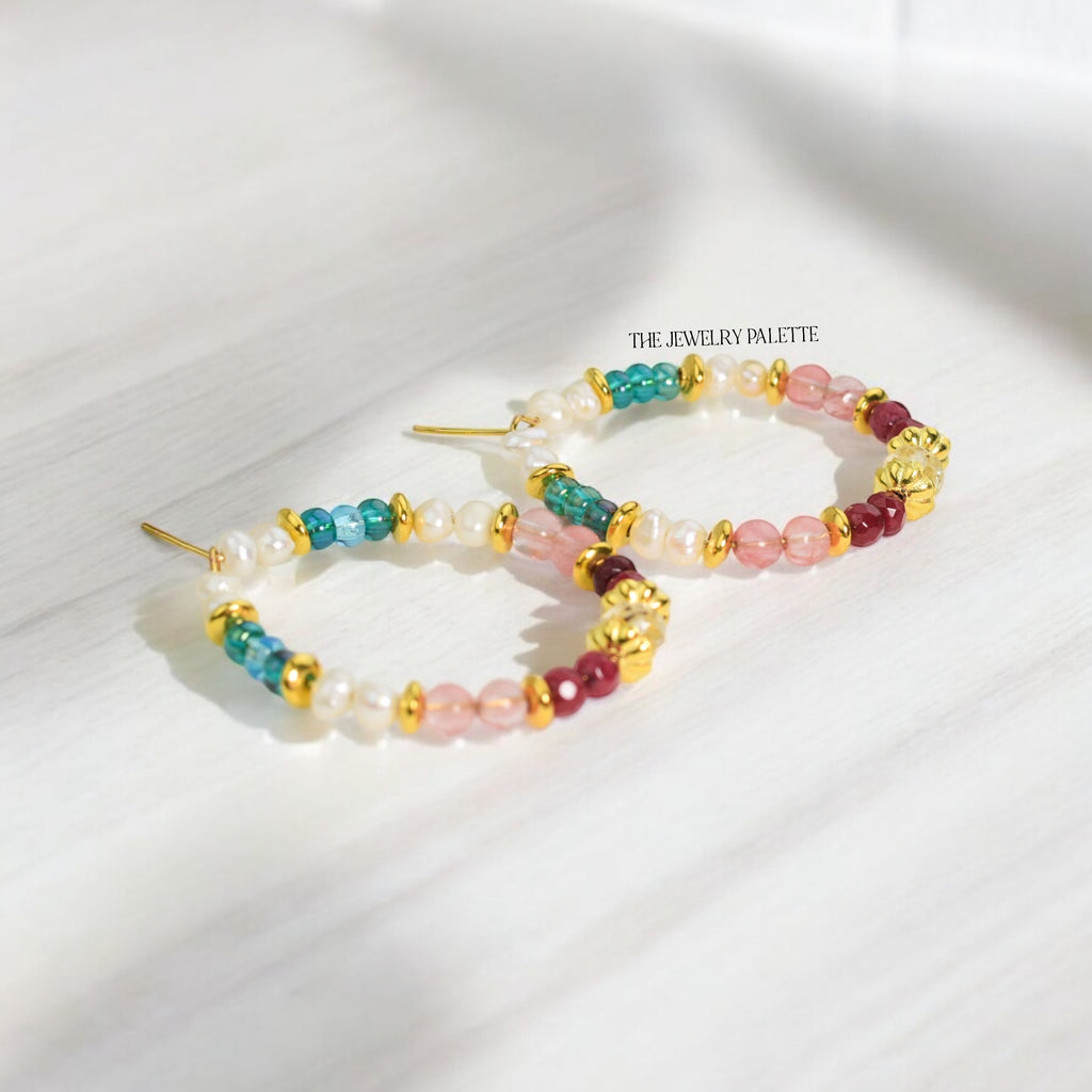 Jasmine teal, pink and white hoop earrings