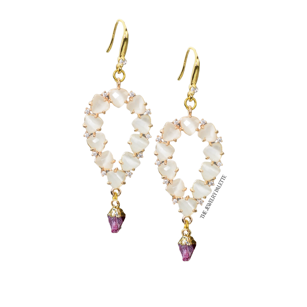 Yara white stones with gold edged ruby drop earrings