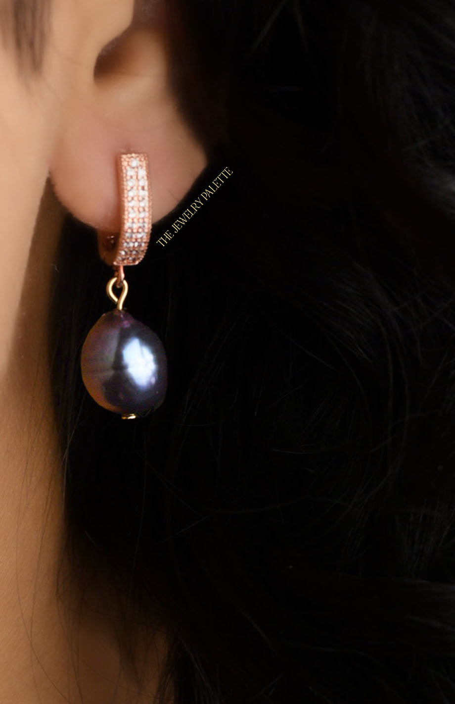 Layla rose gold earrings with dark grey pearl drop - The Jewelry Palette