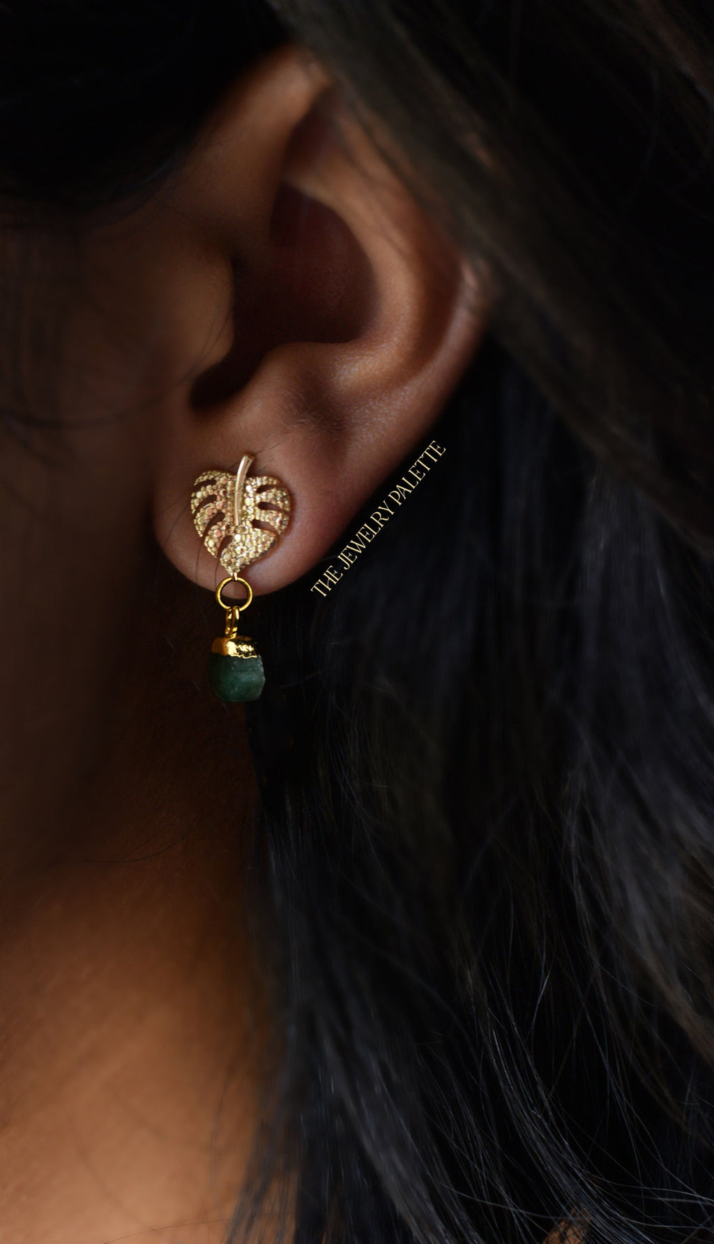 Dania gold leaf with gold edged emerald drop earrings