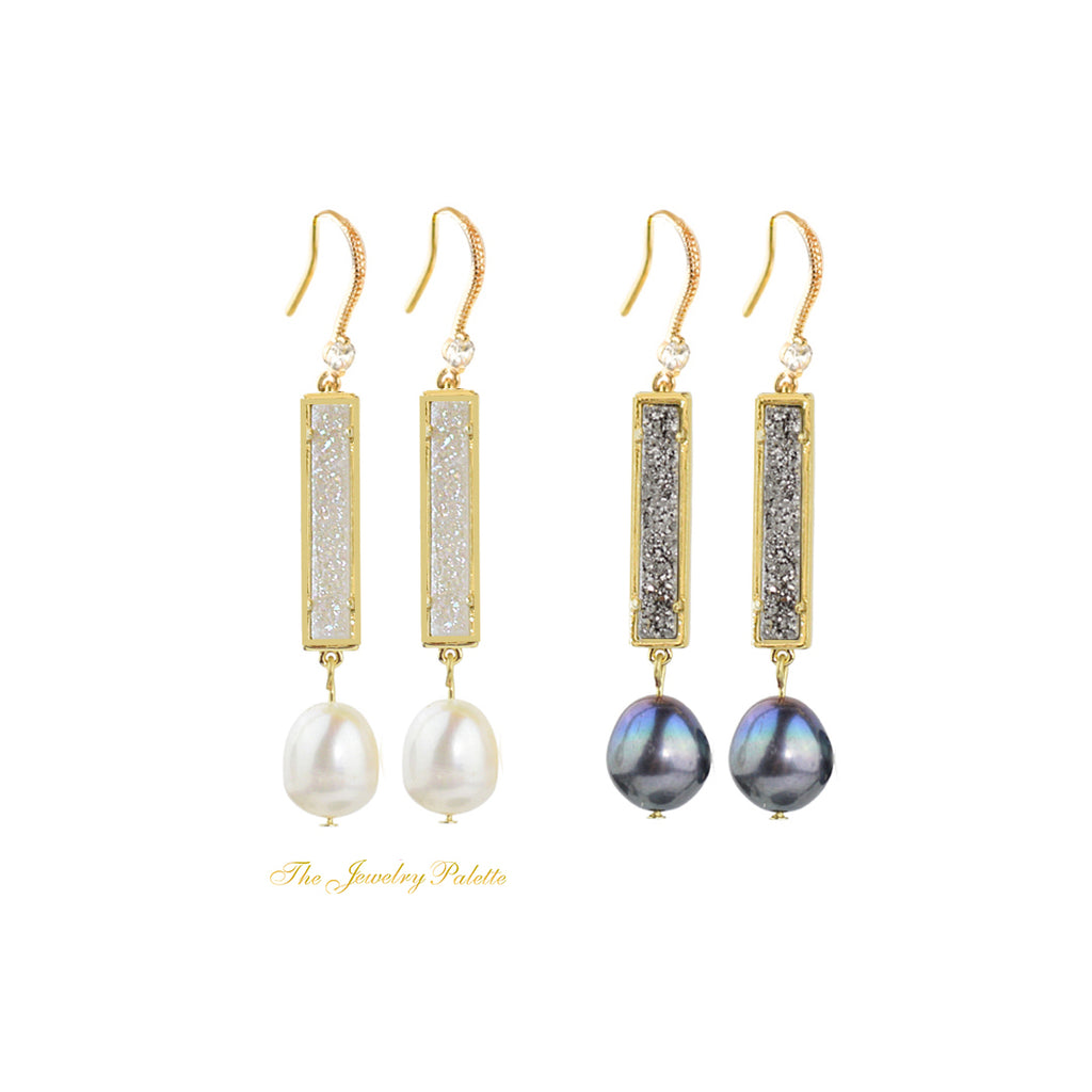 Stella druzy and pearl earrings (grey and white)
