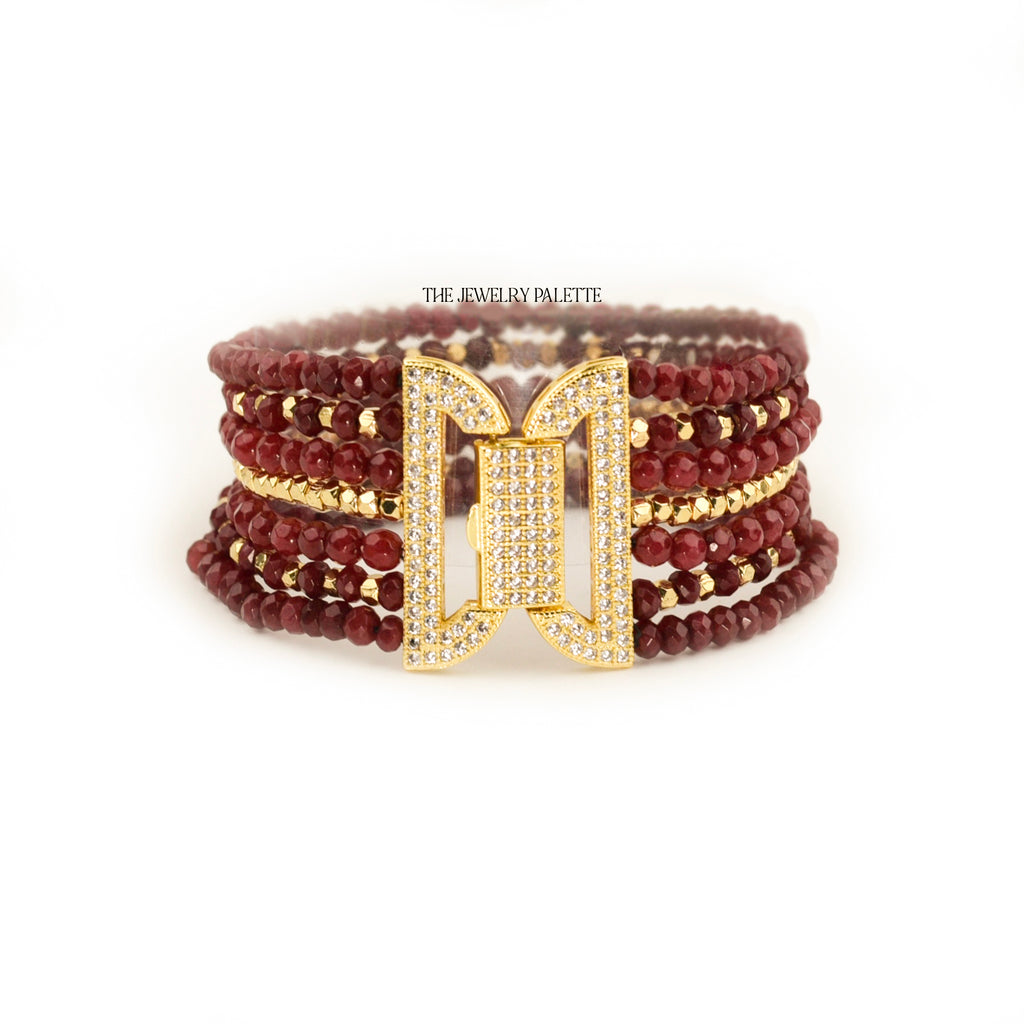 Roxanne luxe maroon gemstones and gold multitier bracelet