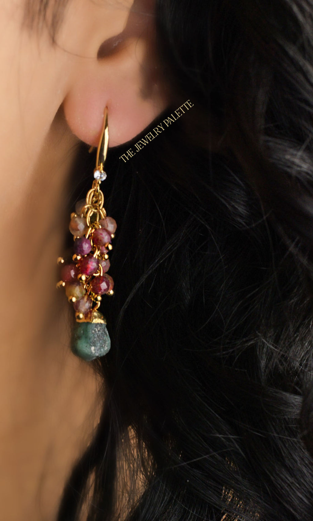 Asna multi gemstone cluster with gold edged emerald drop earrings
