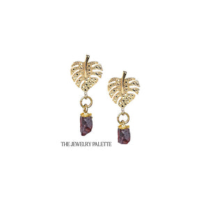 Dania gold leaf with gold edged amethyst drop earrings