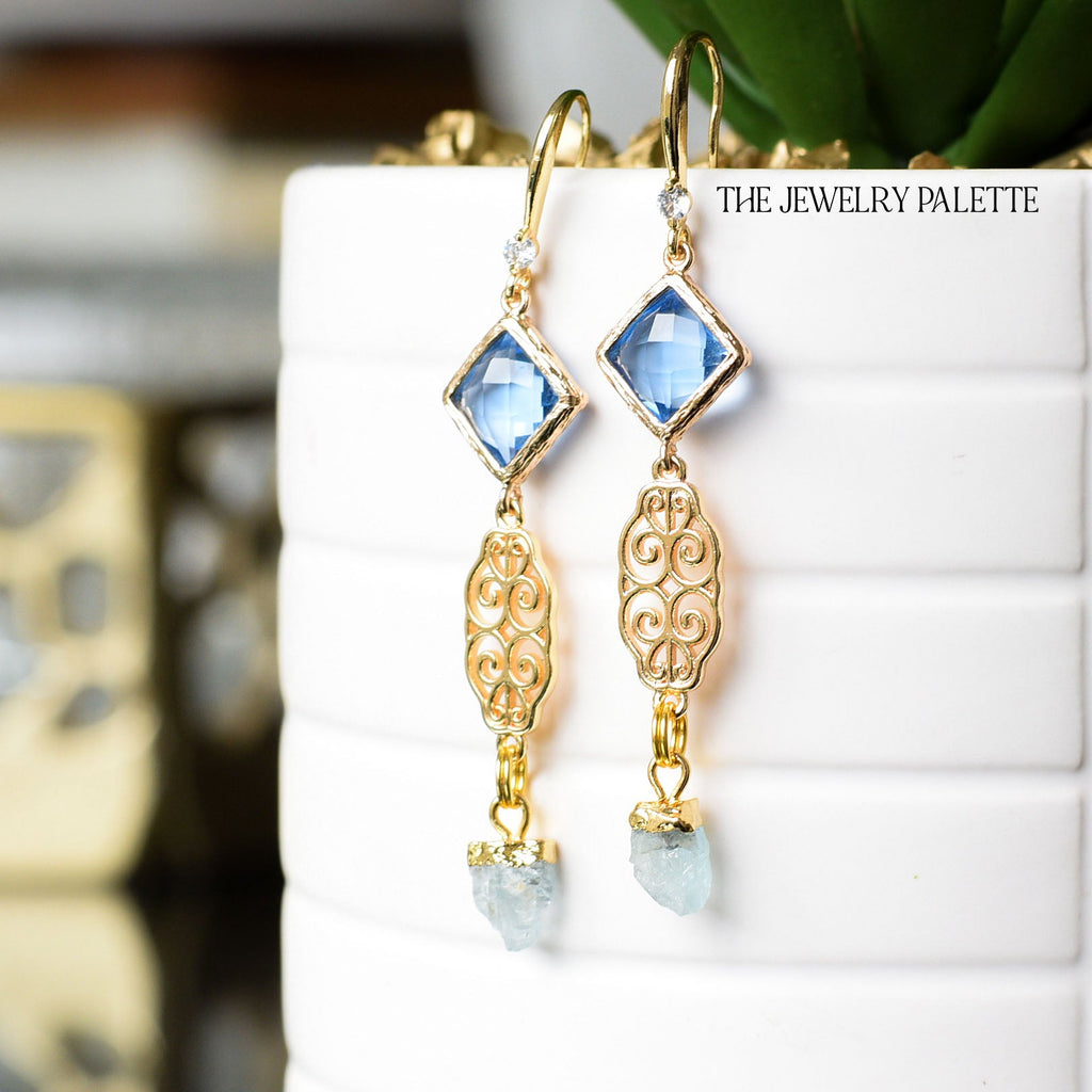 Farah aquamarine, filigree and light blue crystal earrings - The Jewelry Palette