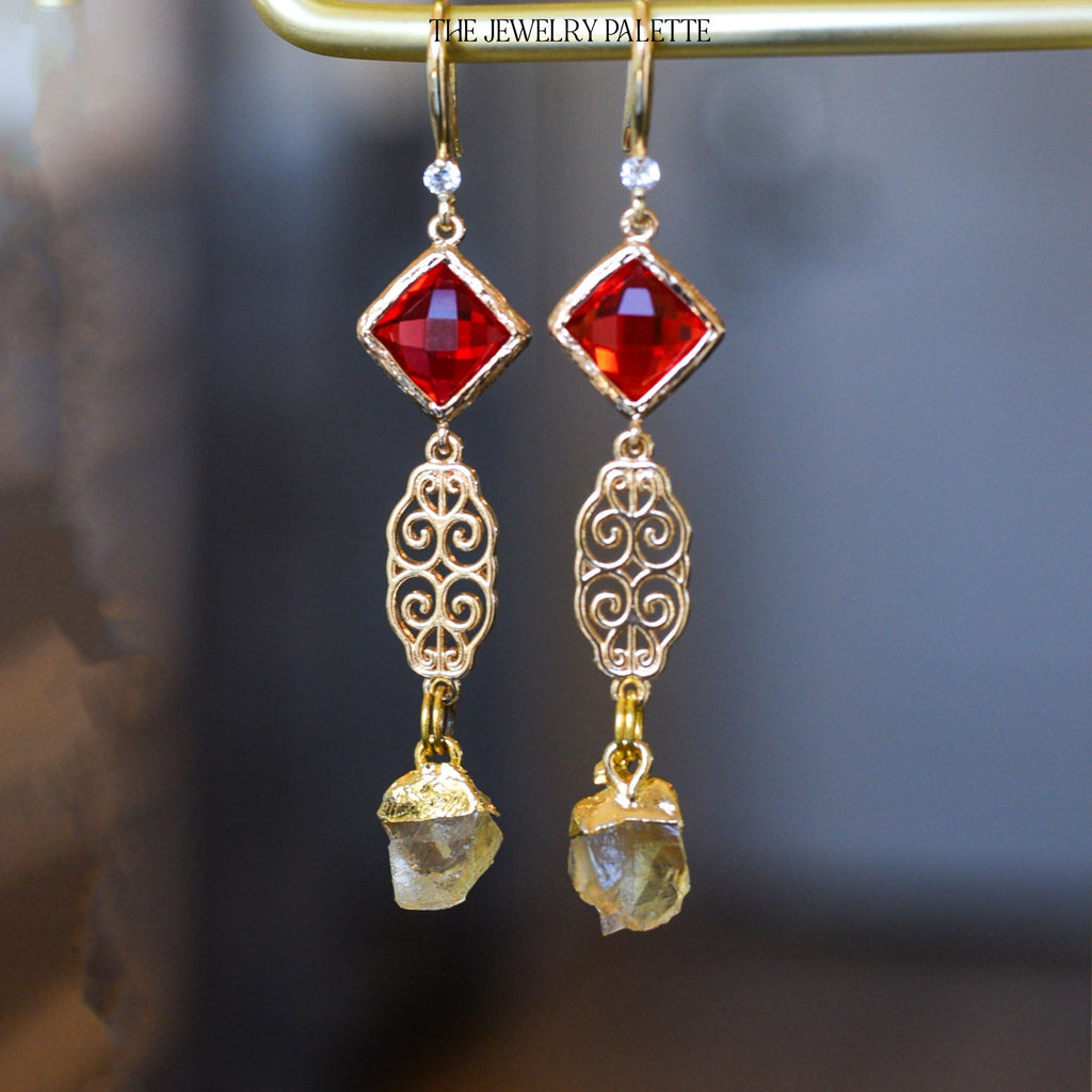 Farah citrine, filigree and red crystal earrings - The Jewelry Palette