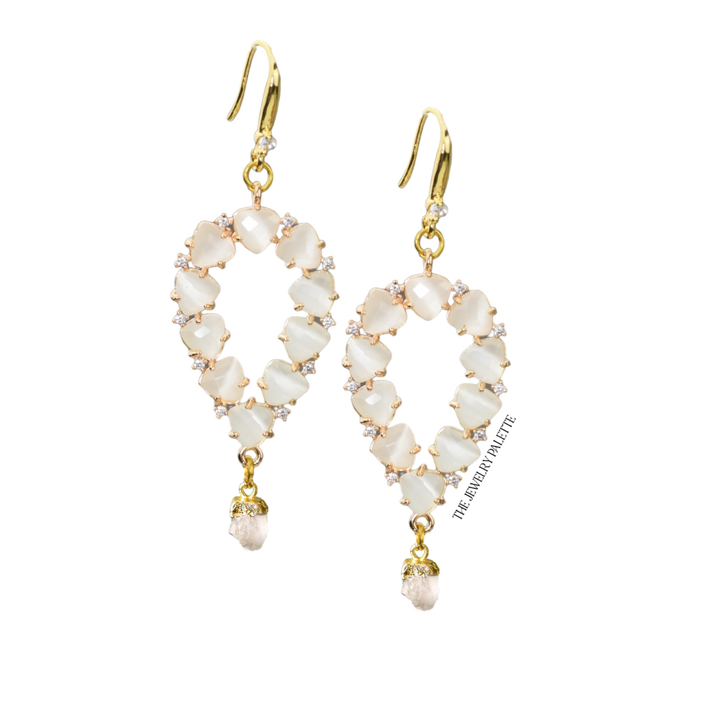 Yara white stones with gold edged Herkimer diamond drop earrings