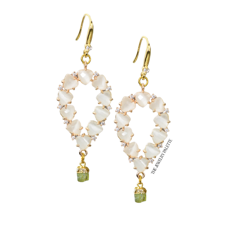 Yara white stones with gold edged peridot drop earrings - The Jewelry Palette