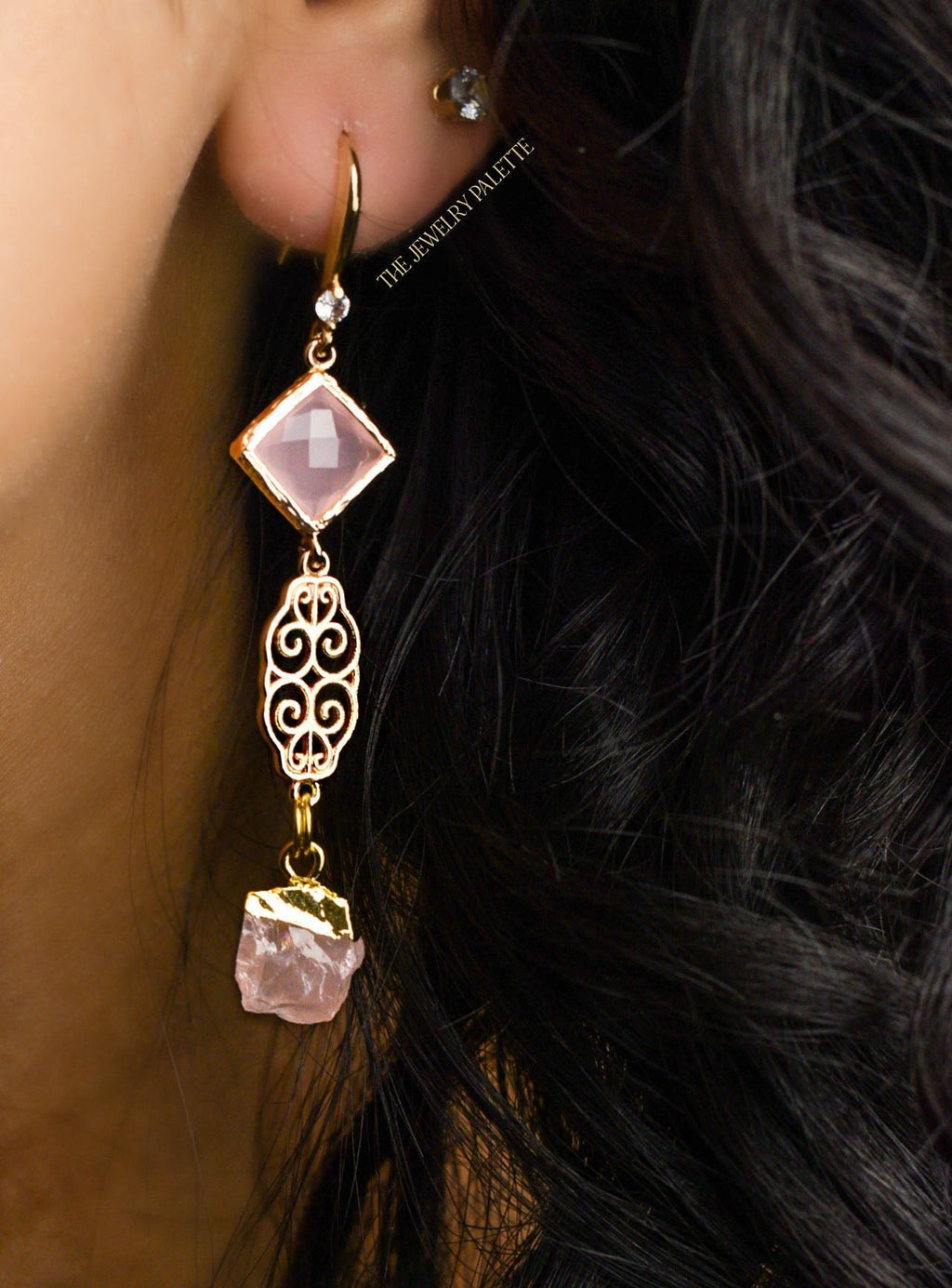 Farah tourmaline, filigree and light pink crystal earrings - The Jewelry Palette