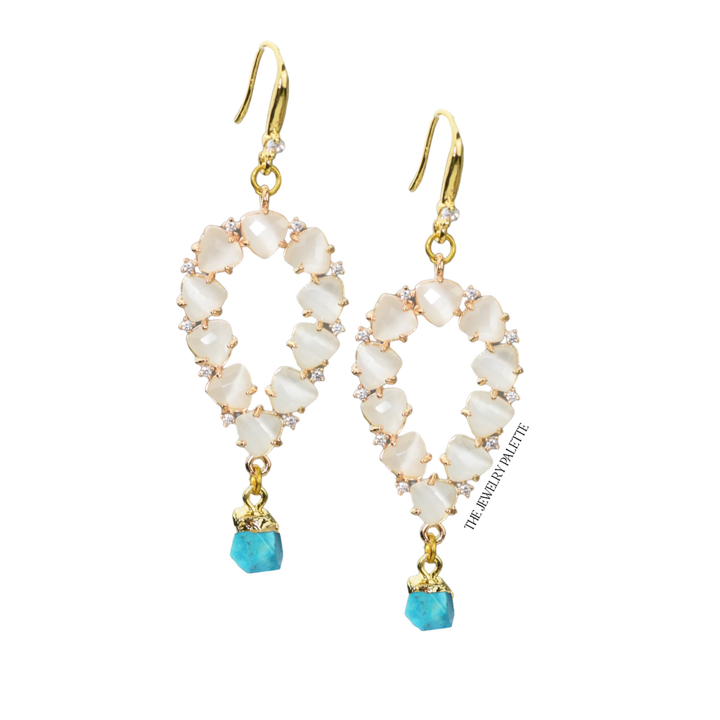 Yara white stones with gold edged turquoise drop earrings