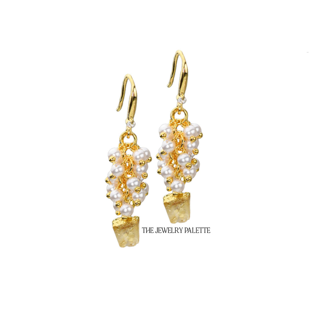 Asna white pearl cluster with gold edged citrine drop earrings