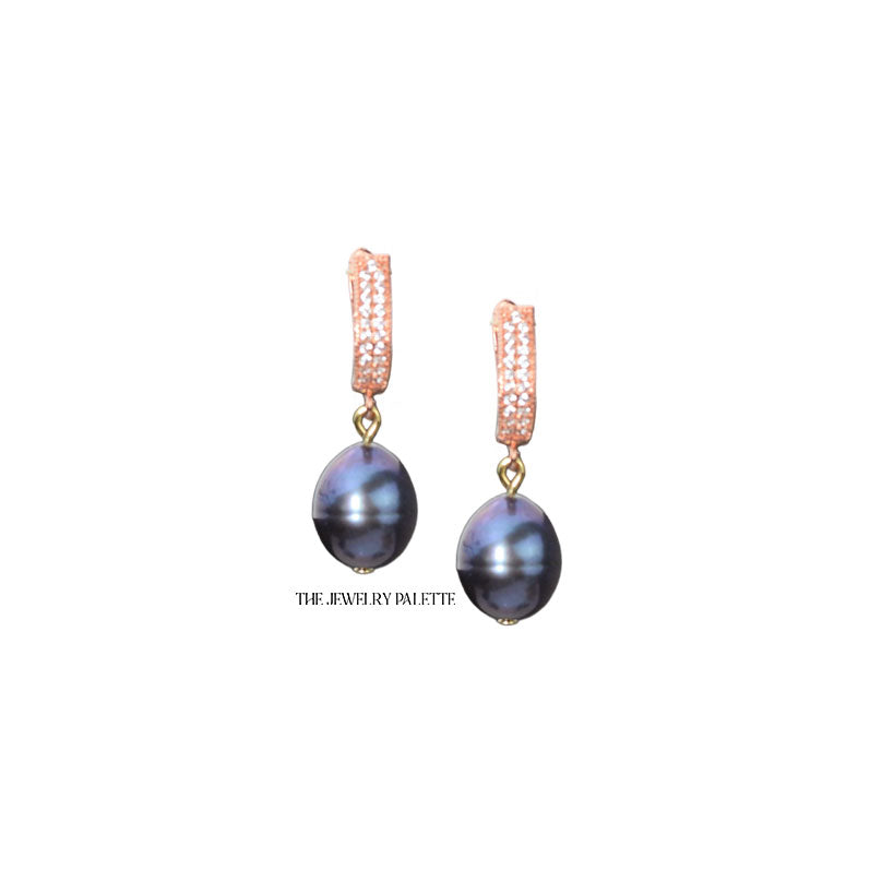Layla rose gold earrings with dark grey pearl drop - The Jewelry Palette