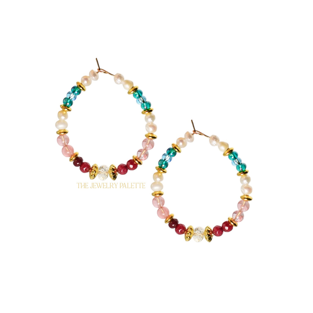 Jasmine teal, pink and white hoop earrings