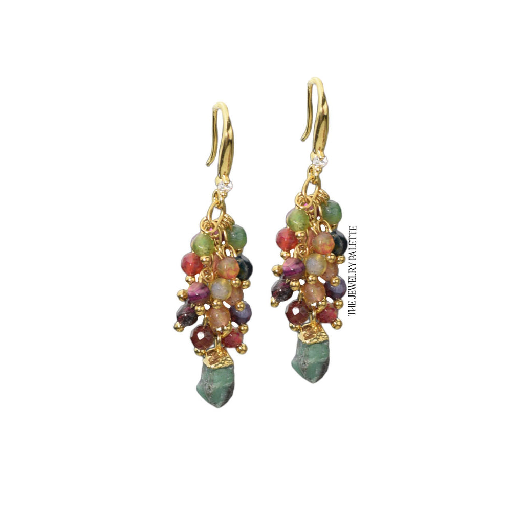 Asna multi gemstone cluster with gold edged emerald drop earrings