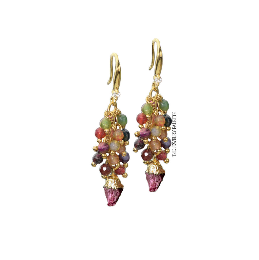 Asna multi gemstone cluster with gold edged ruby drop earrings - The Jewelry Palette
