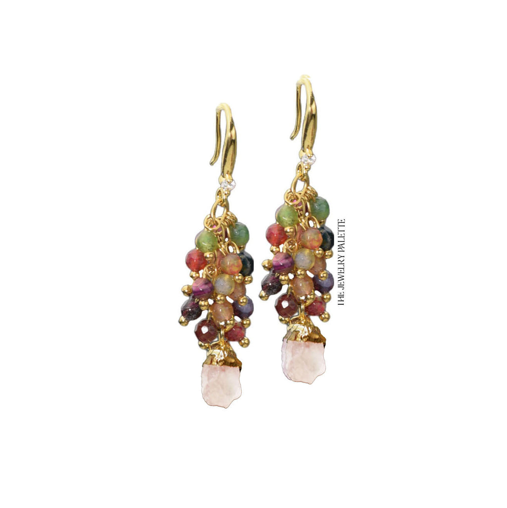 Asna multi gemstone cluster with gold edged tourmaline drop earrings