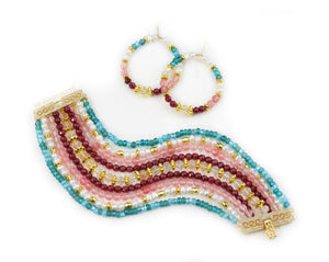 Jasmine teal, pink and white hoop earrings