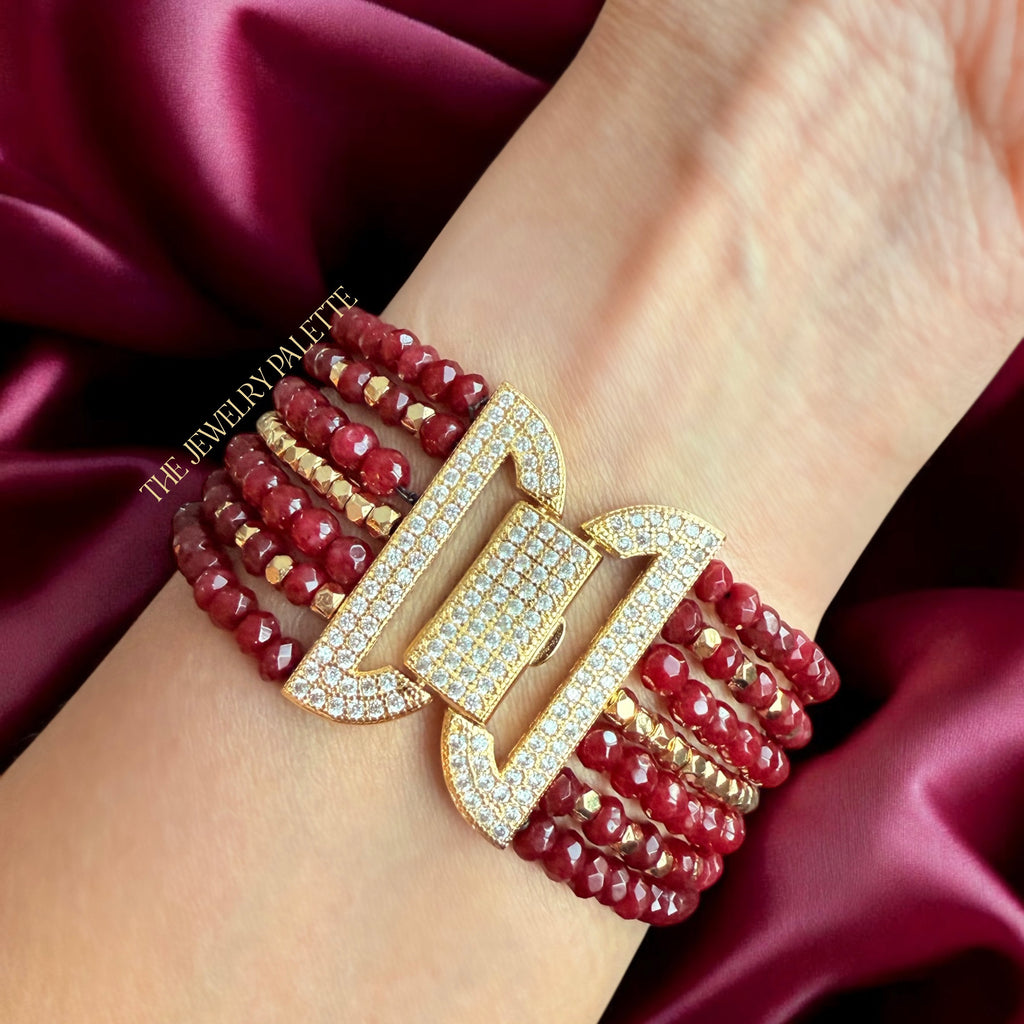 Roxanne luxe maroon gemstones and gold multitier bracelet