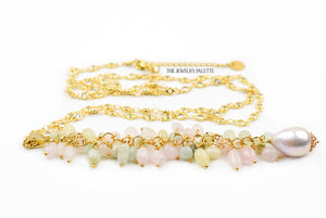 Delaney gold zircon studded chain and rose quartz tassel necklace - The Jewelry Palette