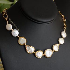 Valerie white coin pearl chain necklace with gold accents - The Jewelry Palette
