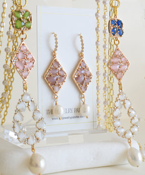 Cynthia earrings with pink stones and pearl drops - The Jewelry Palette