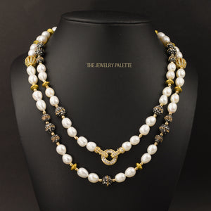 Lunara freshwater pearl long necklace with black and gold accents - The Jewelry Palette