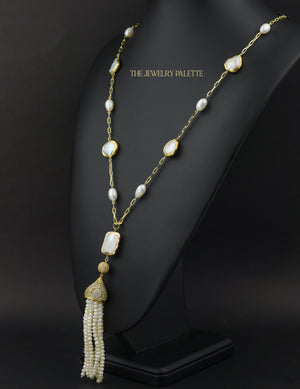 Esin pearl chain tassel necklace with zircon tassel cap - The Jewelry Palette