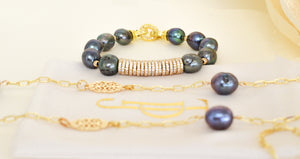 Madison gold filigree and grey pearl chain necklace - The Jewelry Palette