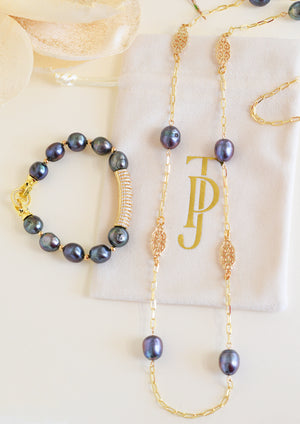 Madison gold filigree and grey pearl chain necklace - The Jewelry Palette