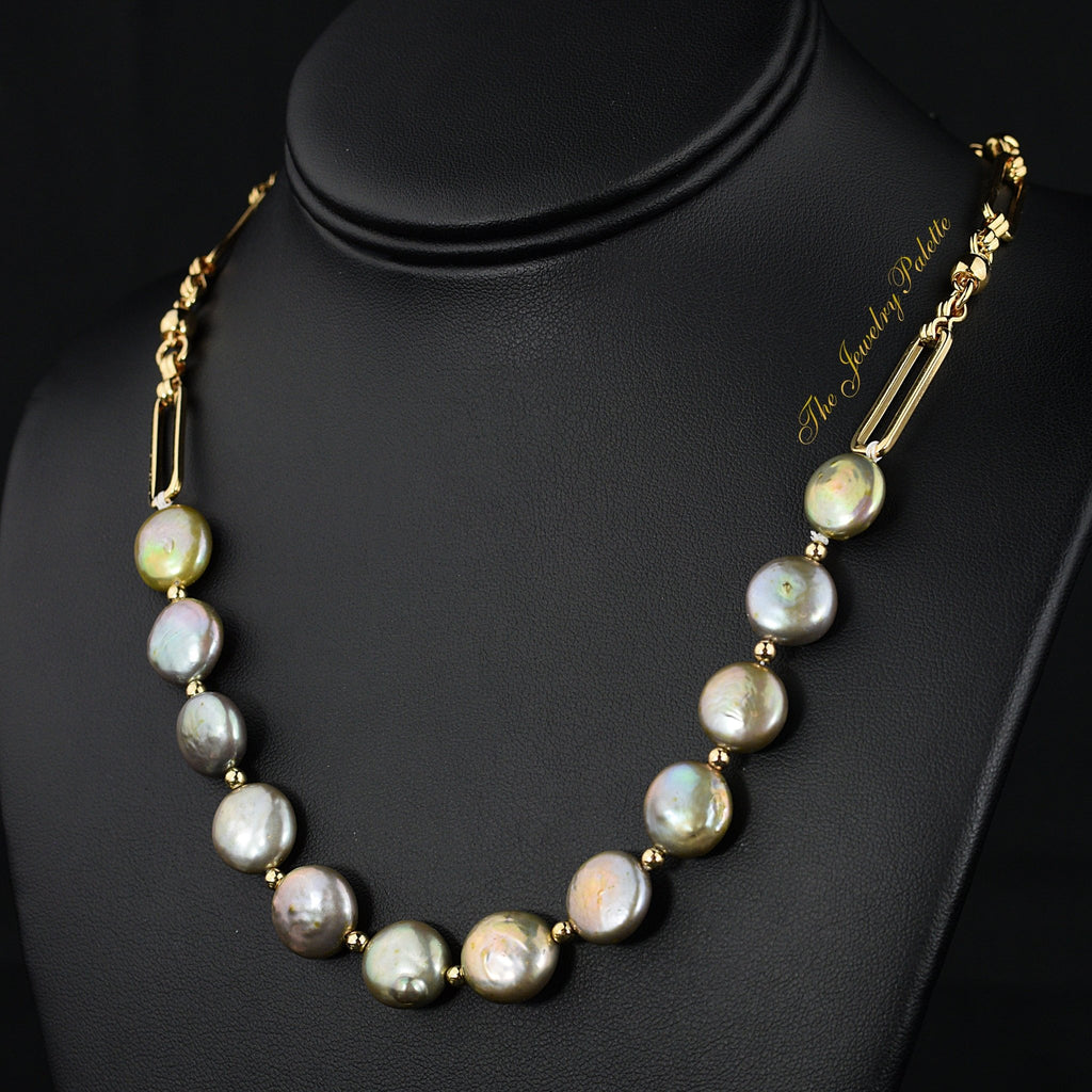 Amelina greenish grey coin pearl chain necklace - The Jewelry Palette