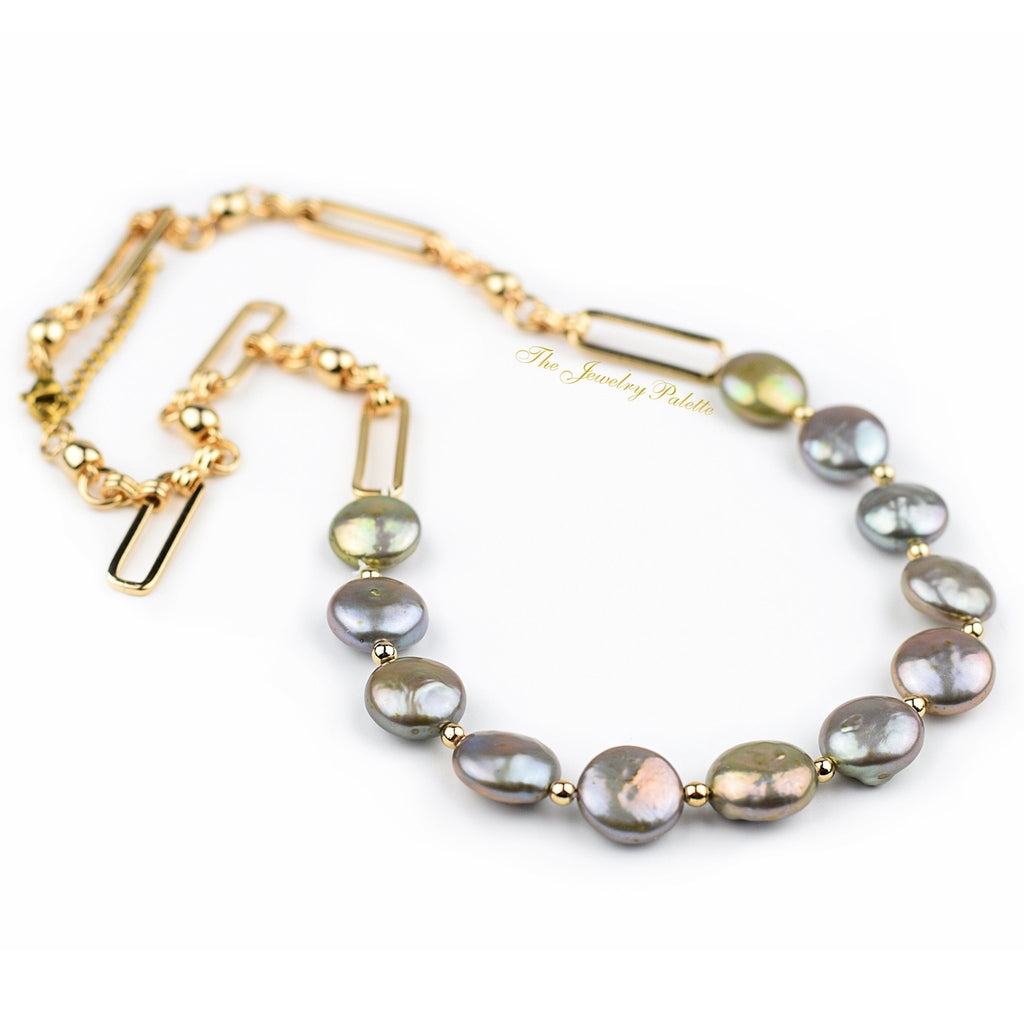 Amelina greenish grey coin pearl chain necklace - The Jewelry Palette