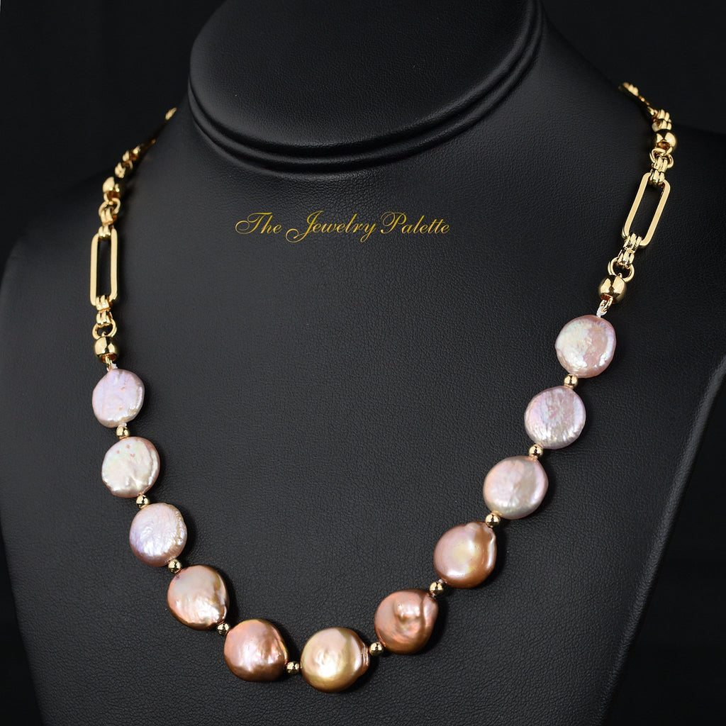 Amelina pink and bronze coin pearl chain necklace - The Jewelry Palette