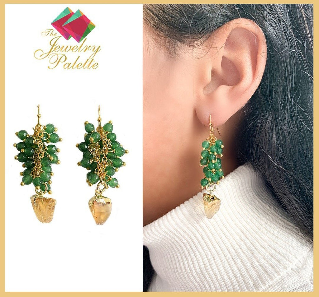 Asna green cluster with unique gold gemstone drop earrings - The Jewelry Palette