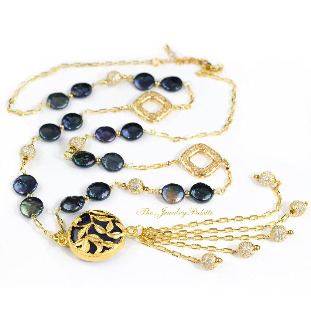 Aurora navy blue coin pearls and filigree chain necklace - The Jewelry Palette