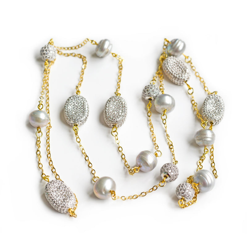 Celine lustrous grey pearl and gold chain necklace - The Jewelry Palette